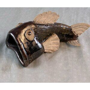 MCM Hand Made Pottery Big Mouth Fish Figurine Glazed Ceramic Art Signed JZ